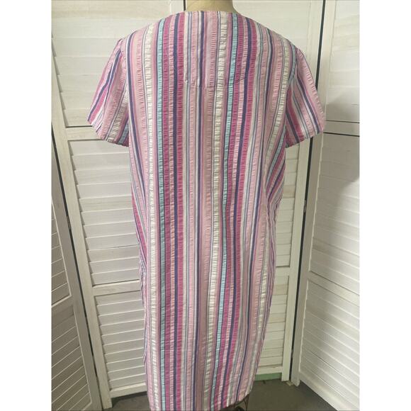Pink K Snap Up Pearl Button House Dress Size Robe Stripe Pockets Sz Large - Picture 5 of 9